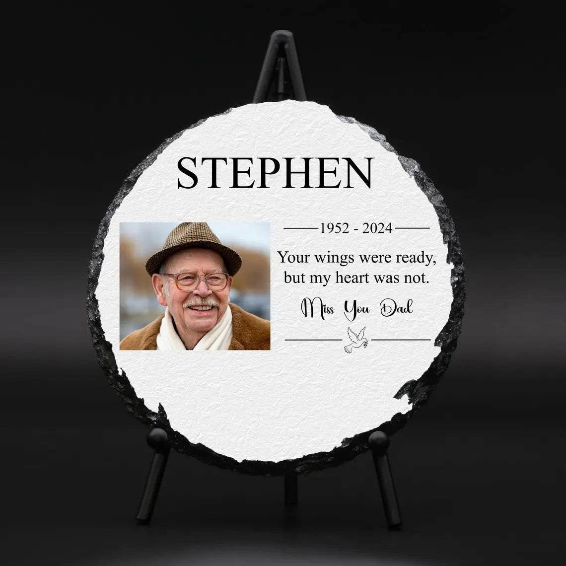 Round personalized memorial slate with full-color photo, glossy finish, and included stand; ideal tribute for loved ones.