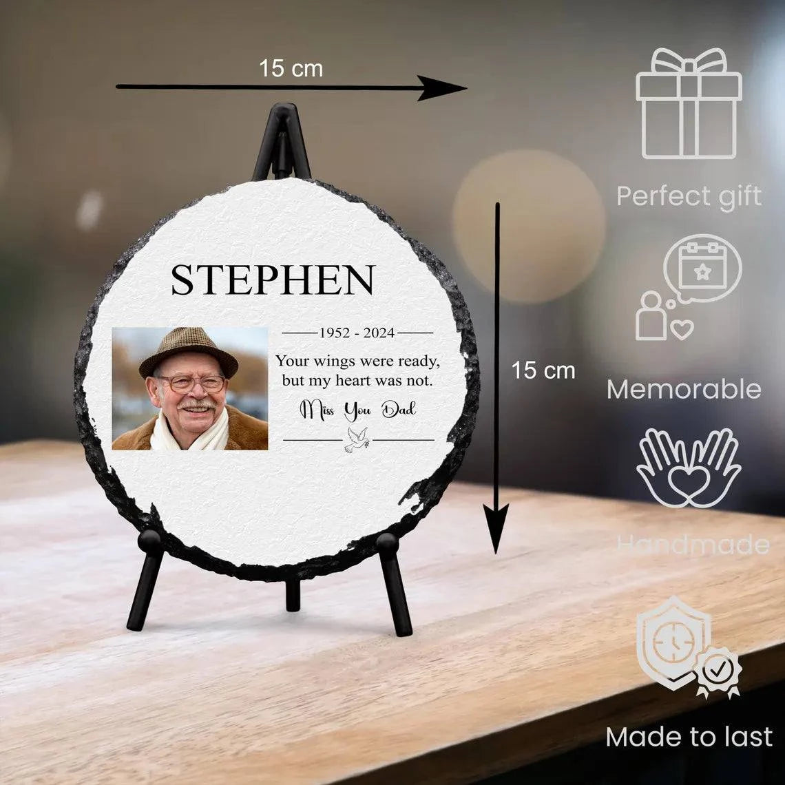 Round Personalized Memorial Slate with Full-Color Photo and Glossy Finish, Including Stand - Remembrance Gift for Grandad, Grandma, Mother, or Dad.