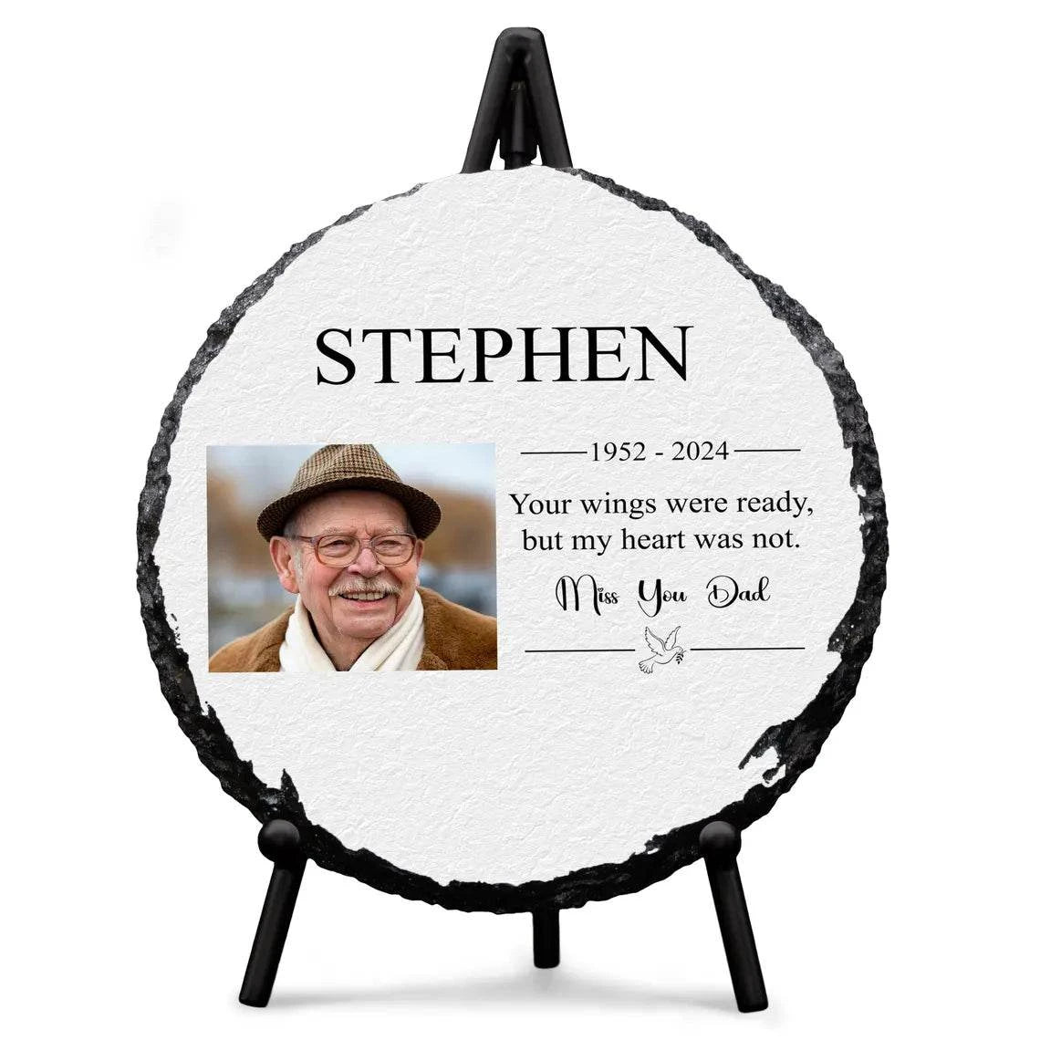Round personalised memorial slate with full-color photo, glossy finish, and included stand.
