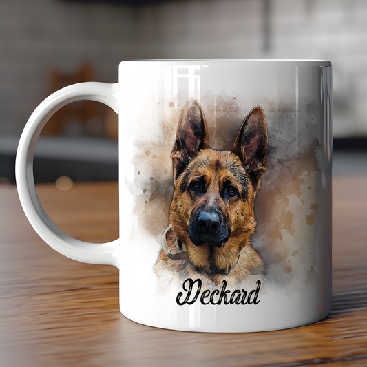 Personalized dog mug with watercolor illustration and custom name "Deckard".