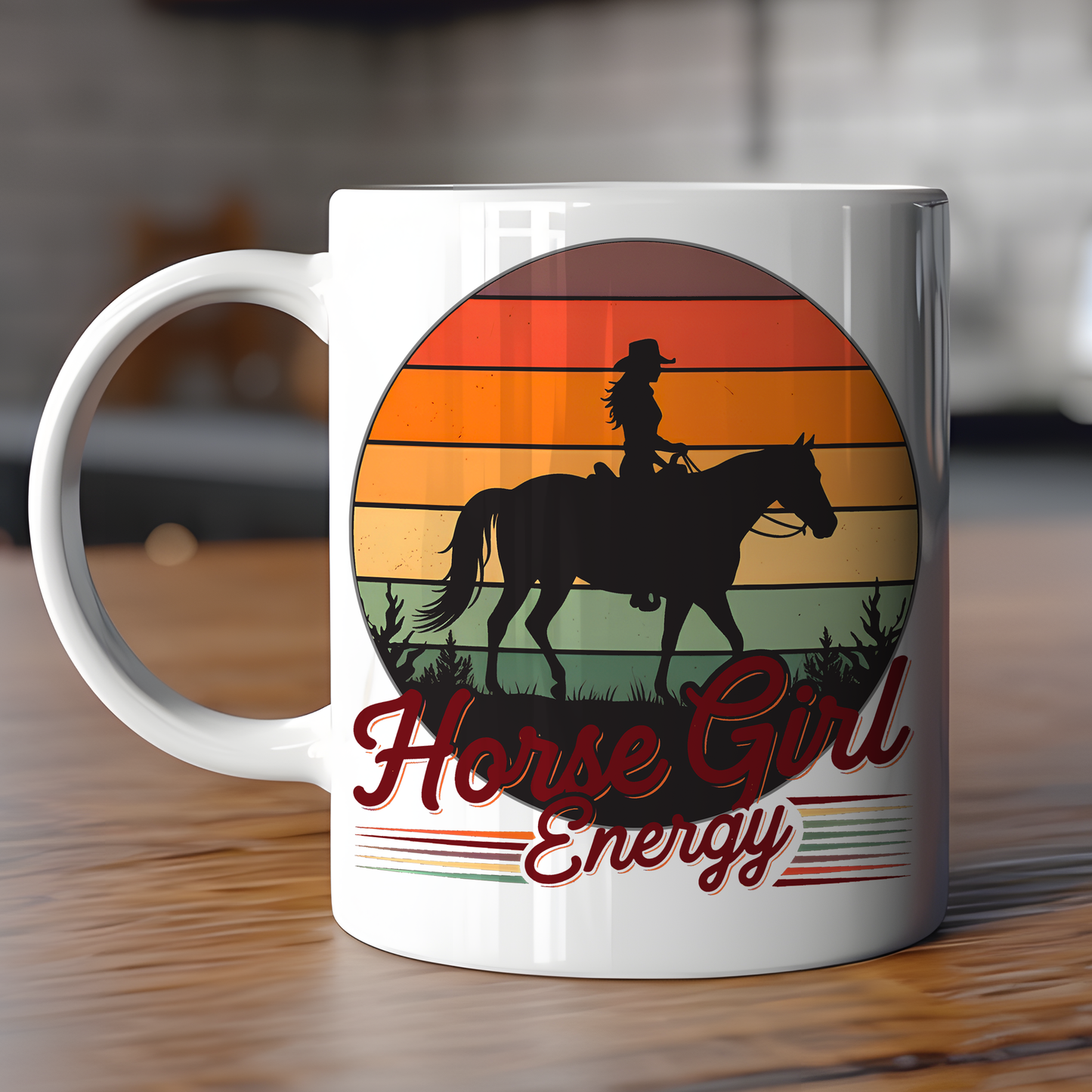 Horse Girl Energy coffee mug with silhouette of rider and horse, perfect gift for horse owners.