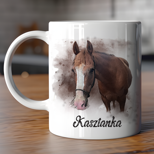 Personalized horse mug with watercolor horse design and customizable text on sturdy ceramic.