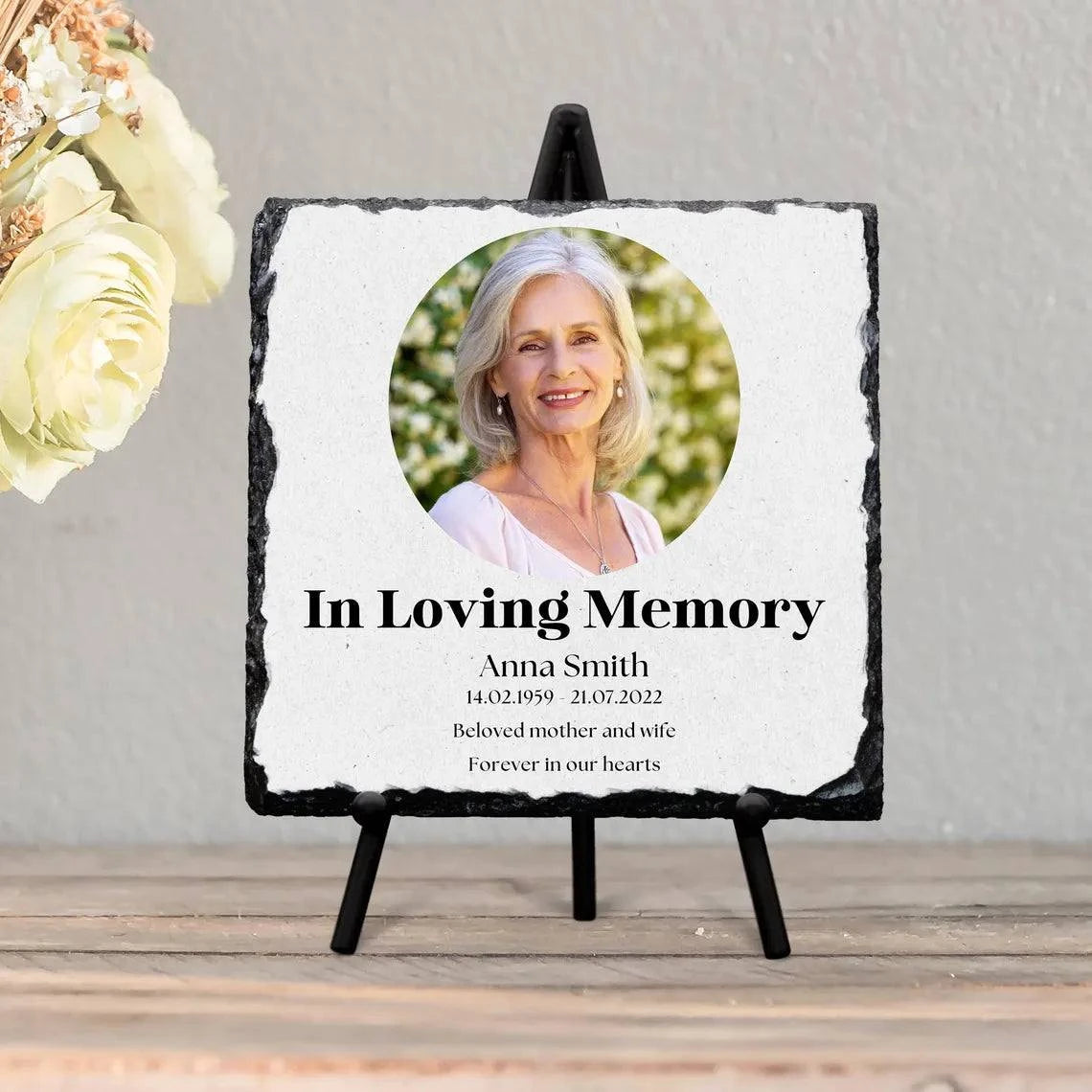 Square personalized memorial slate with full-color photo, glossy finish, and display stand.