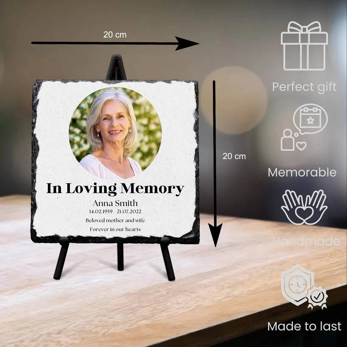 Personalised Square Memorial Plaque with Photo and Stand, Glossy Finish, 20cm x 20cm.