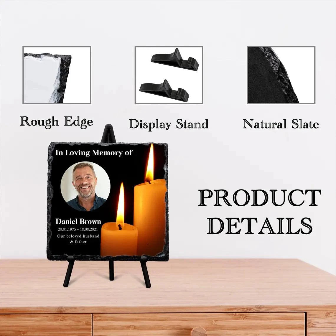 Personalised Memorial Slate with display stand, full-color photo, glossy finish, square plaque.