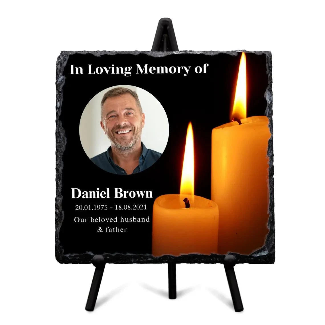 Personalised memorial slate with full-color photo, glossy square plaque on stand, ideal as tribute for loved ones.