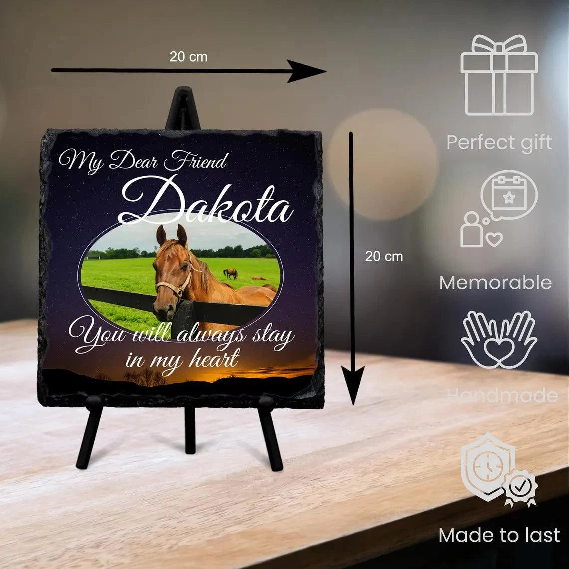 Personalised memorial stone slate with full-color horse photo, glossy finish, and stand; pet remembrance gift.