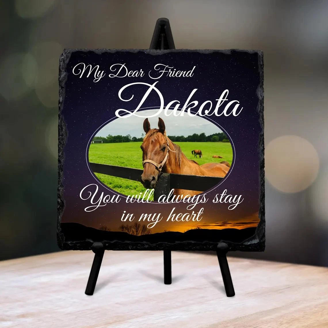 Square memorial plaque with full-color horse photo, glossy finish, and stand; personalized for pet remembrance. Ideal Personalised Memorial Stone Slate.