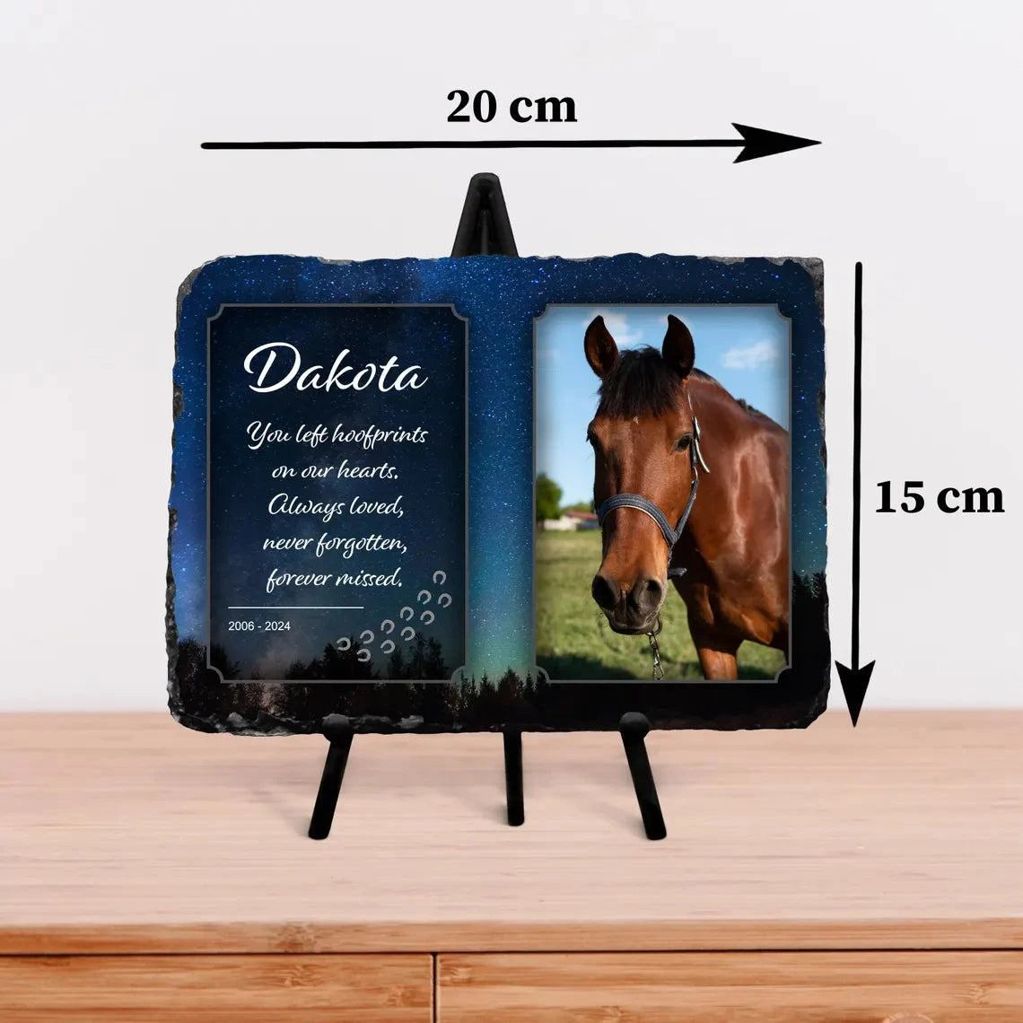 Personalised memorial slate with photo, glossy finish, rectangle plaque with stand, horse pet memorial tribute.