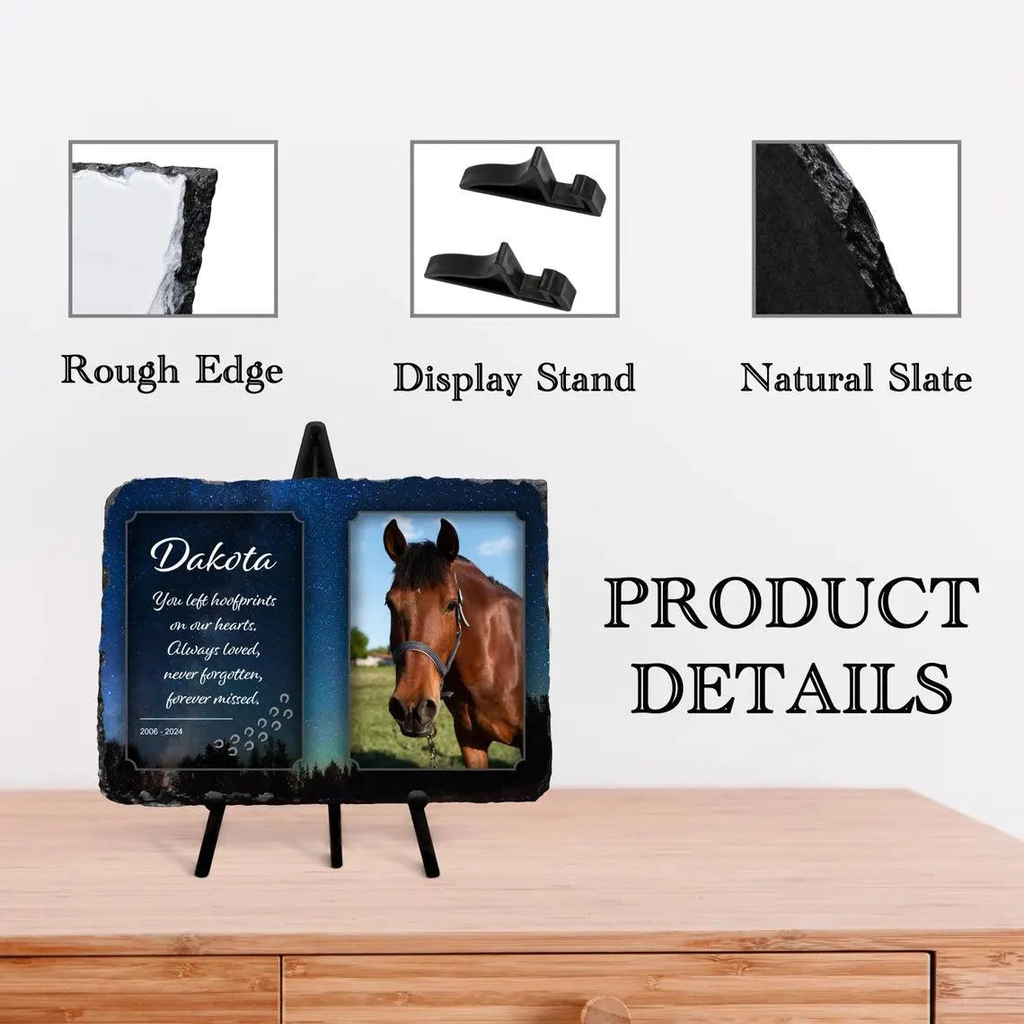 Personalised Memorial Slate, Rectangle Memorial Plaque with Horse Photo on Stand