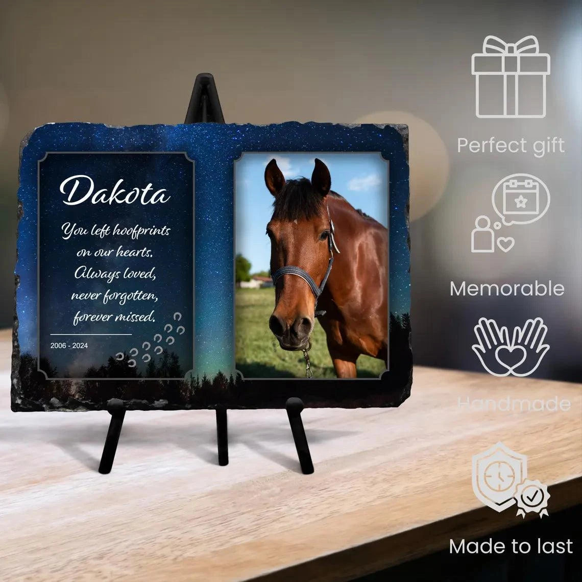 Personalised memorial slate, rectangle plaque with horse photo and glossy finish, includes stand.