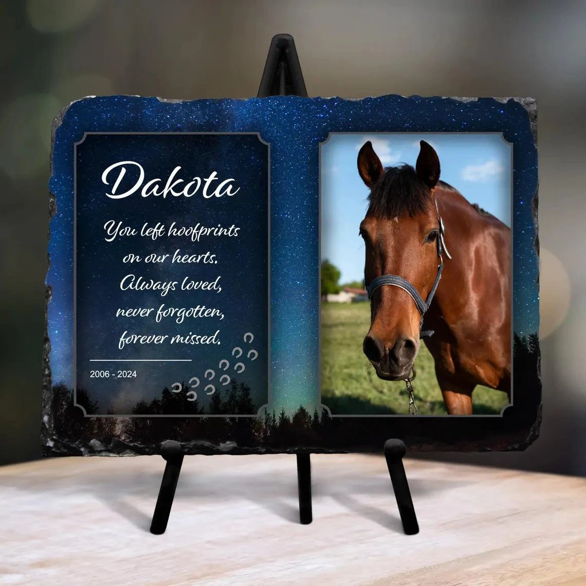 Personalised Memorial Slate with full-color photo of a horse, glossy finish, rectangle plaque with stand, pet remembrance gift.