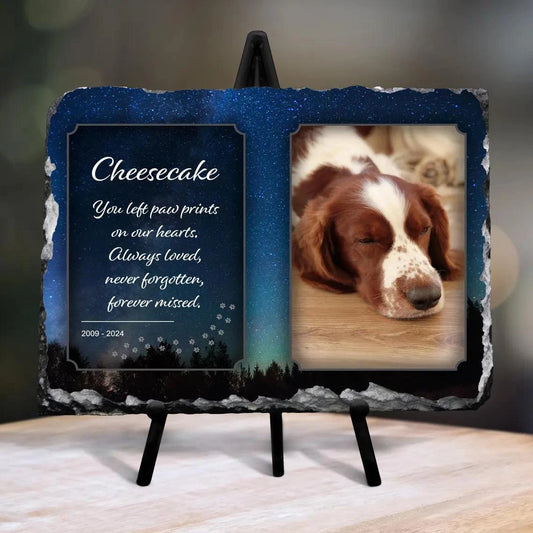 Personalised rectangular memorial slate with a full-color photo of a dog, glossy finish, includes stand, perfect for pet remembrance.