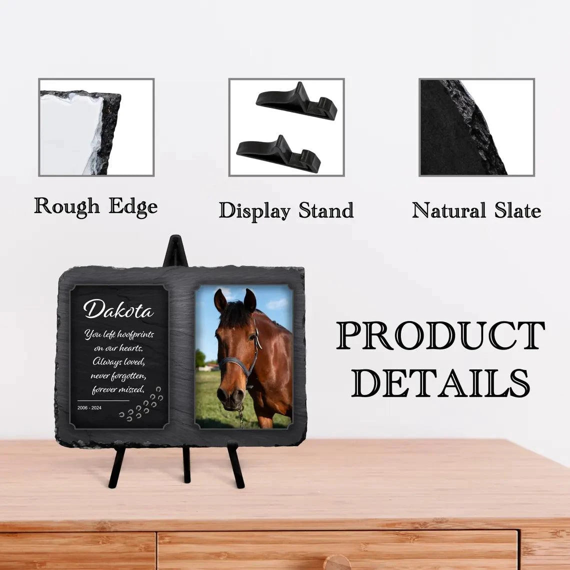 Personalized memorial slate plaque with color photo and stand, featuring horse, perfect for pet remembrance.