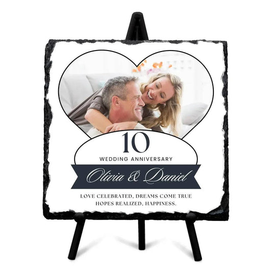 Personalized wedding anniversary photo slate gift with custom photo and text, perfect keepsake for couples.