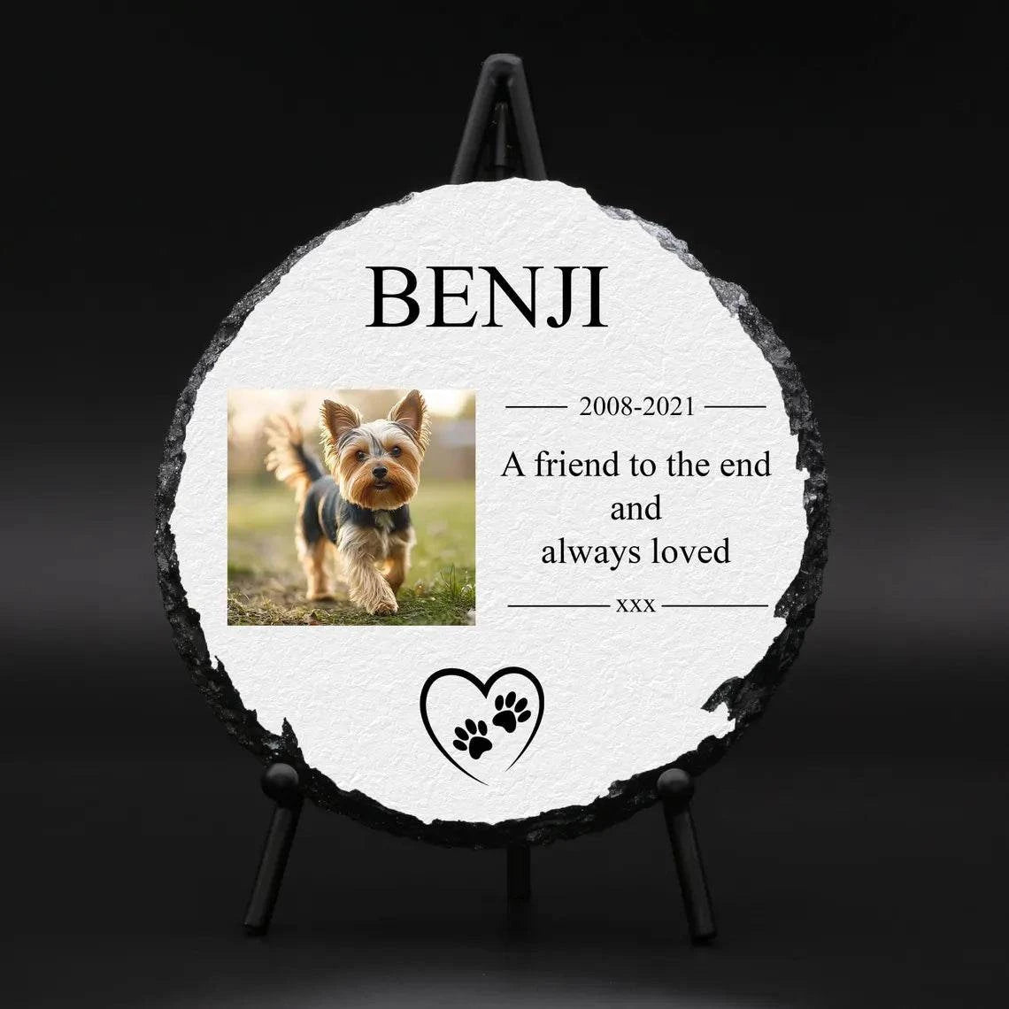 Round personalised memorial slate with full-color dog photo and custom message, includes stand.