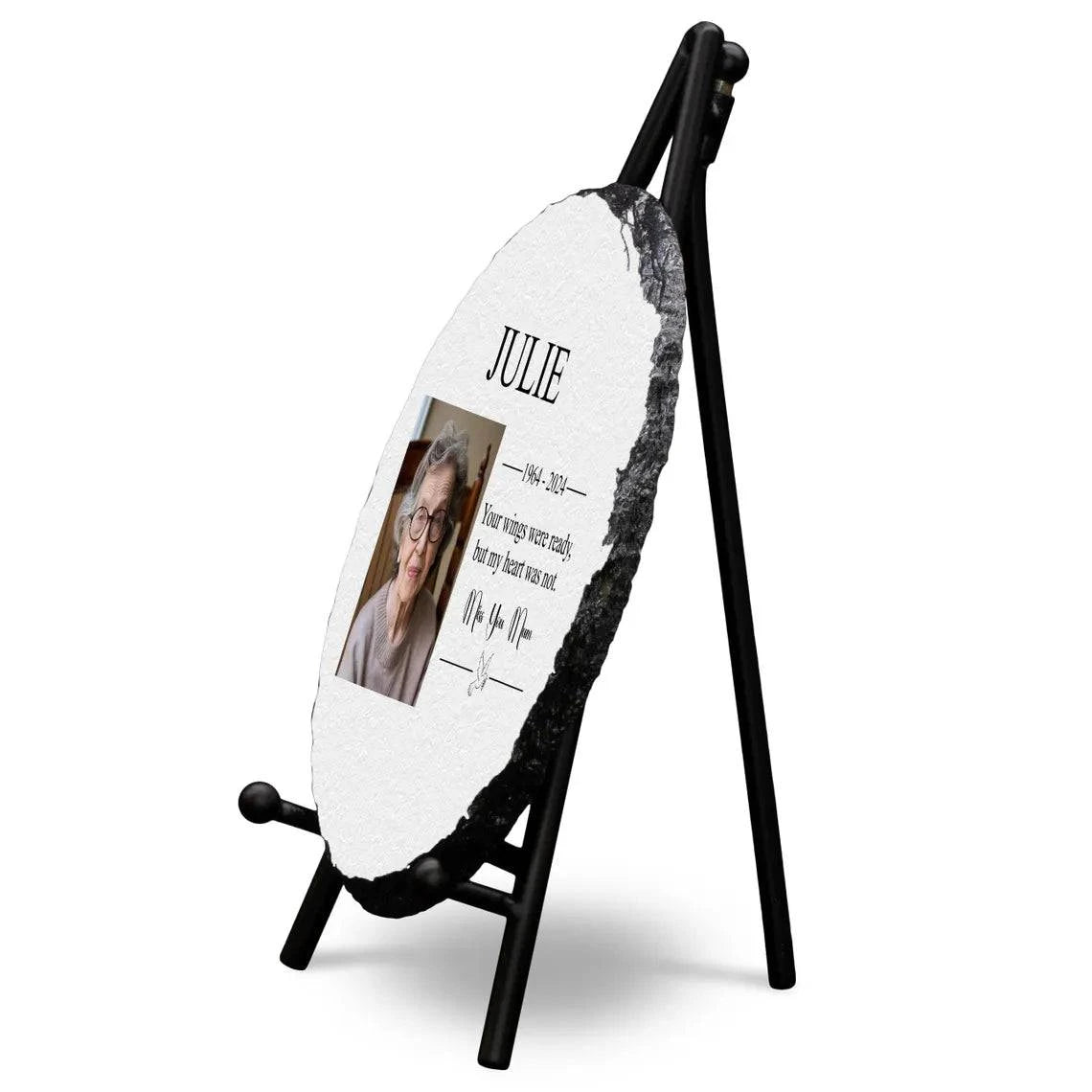 Round personalised memorial slate with full-color photo, glossy finish, and display stand.