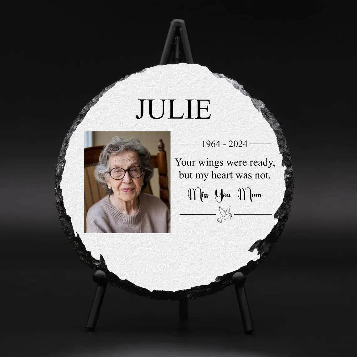 Round personalised memorial slate plaque with full-color photo and glossy finish, includes display stand.