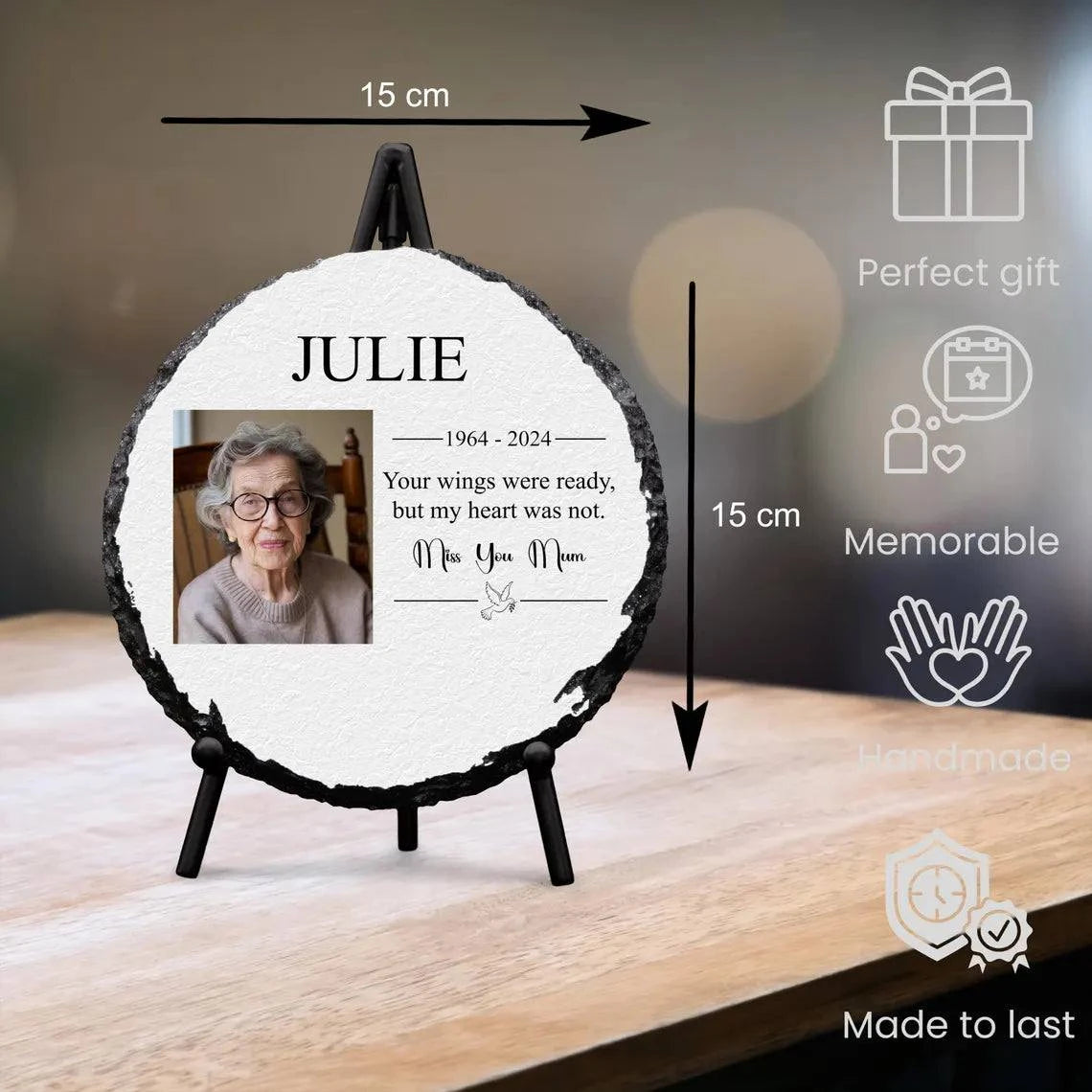 Round personalised memorial slate with photo and glossy finish, includes display stand, ideal for commemorating loved ones.