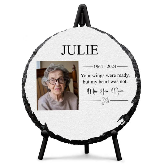 Personalised memorial slate with round plaque, glossy finish, custom photo, and display stand.