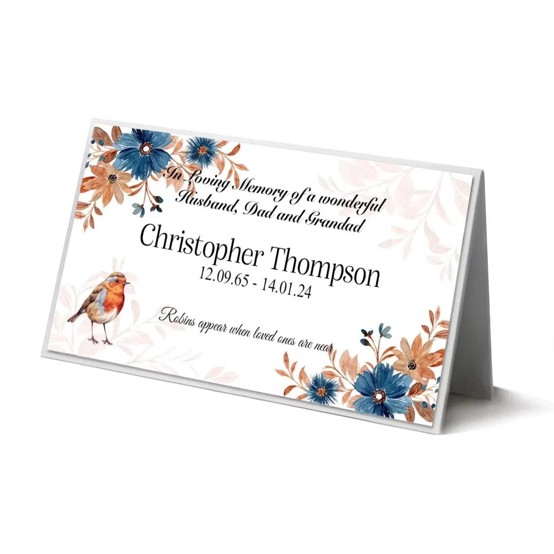 Personalized memorial plaque with robin bird illustration, featuring customizable text for a garden marker or grave sign.