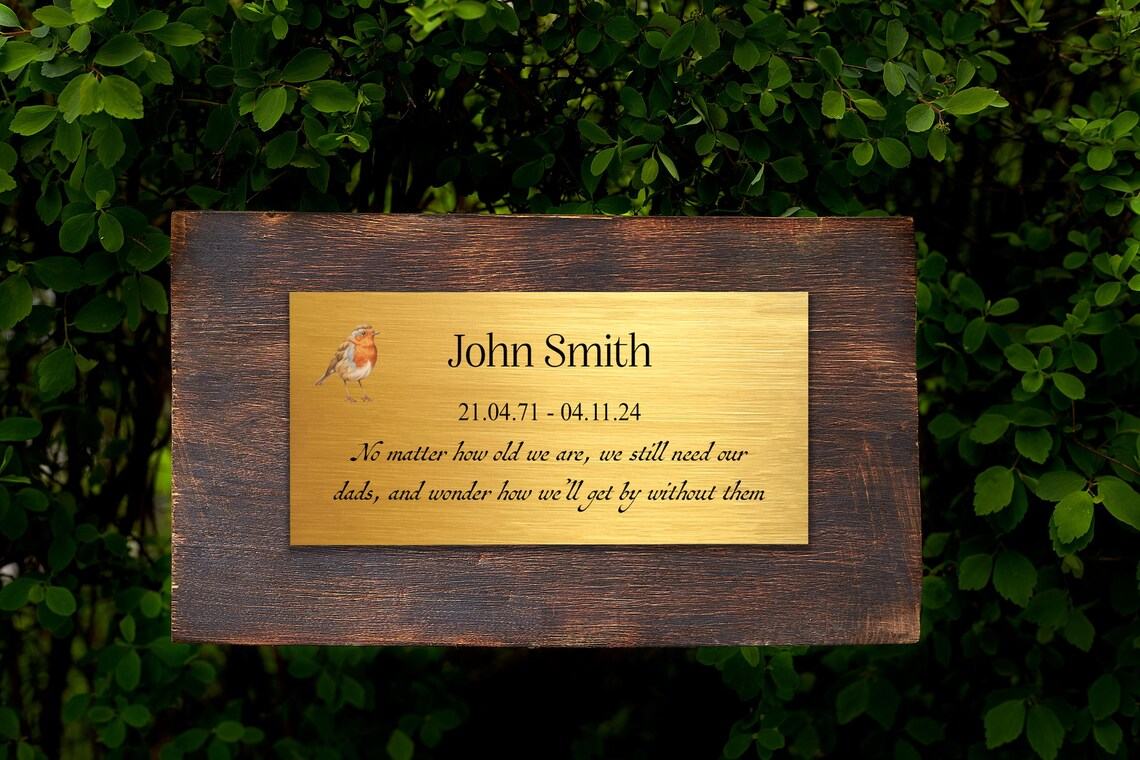 Custom metal memorial plaque with robin design, personalized garden marker for grave or urn, weatherproof gold finish.