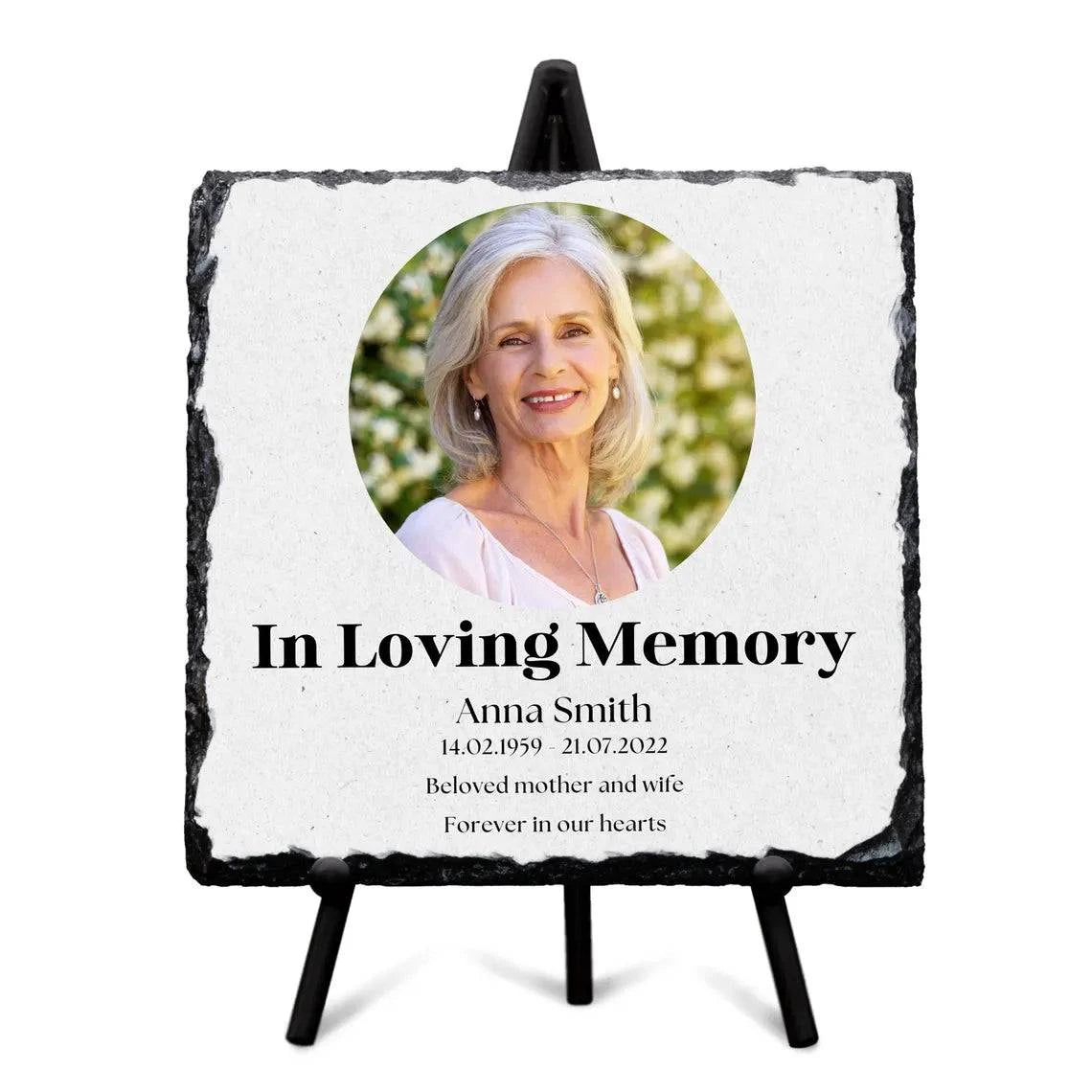 Personalised memorial slate with full-color photo and glossy finish, featuring a heartfelt verse, ideal as a memorial keepsake.