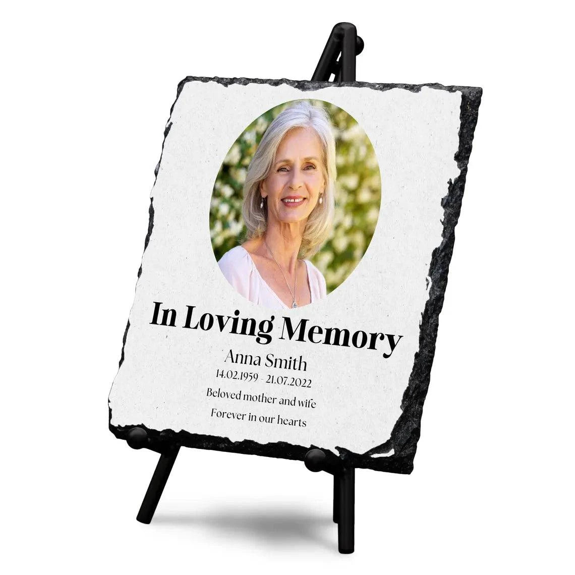 Personalised memorial slate with full-color photo, glossy finish, and stand.