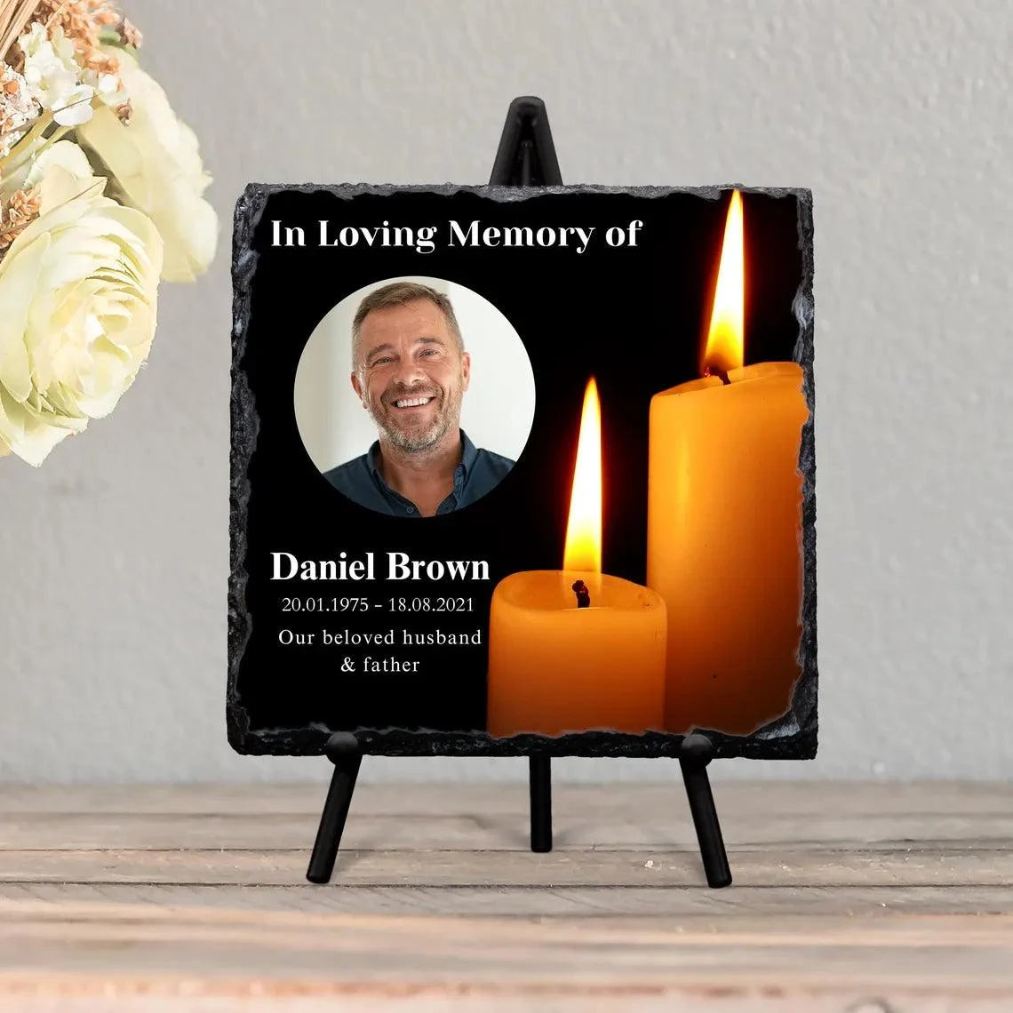 Personalised memorial slate with photo and candles, square plaque with stand, glossy finish.