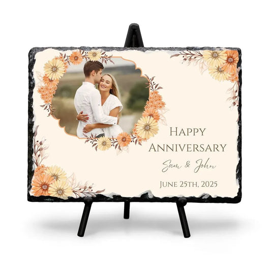 Personalized wedding anniversary photo slate gift with floral design, custom photo, and text, ideal for couples.