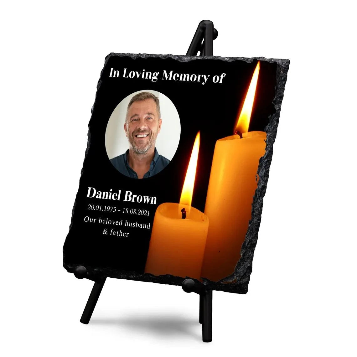 Personalised memorial slate with full-color photo and glossy finish on stand, perfect tribute for loved ones.