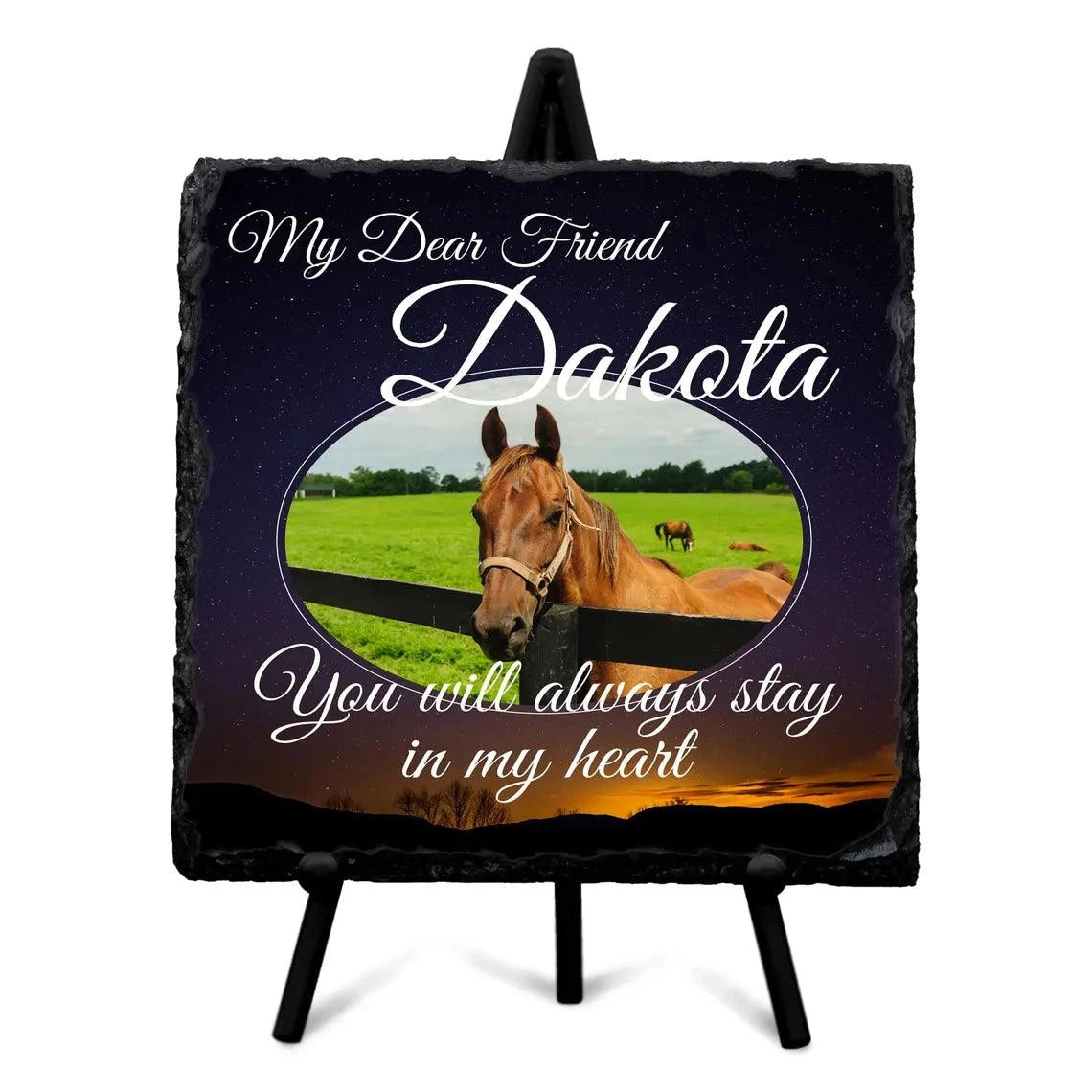 Personalised memorial stone slate with horse photo, glossy finish, and display stand.