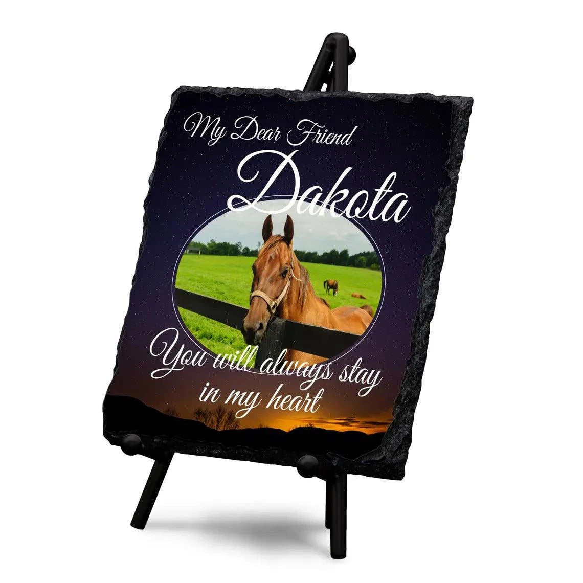 Personalised memorial stone slate with horse photo and custom message, glossy finish, includes stand for display.