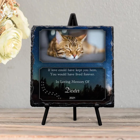 Square personalised memorial slate with full-color cat photo, glossy finish, and included stand for pet remembrance.