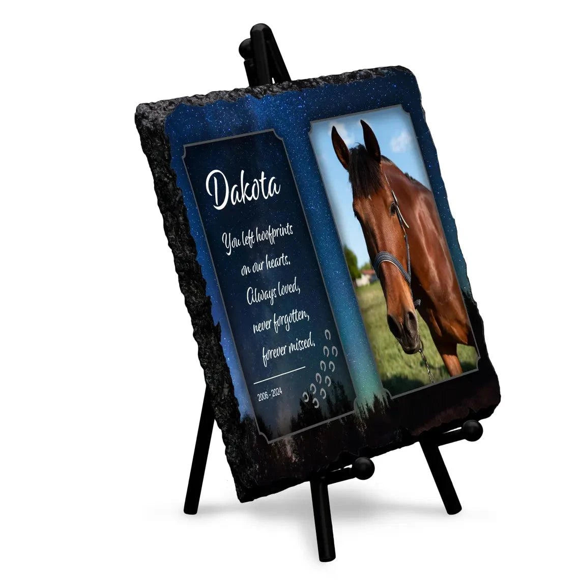 Personalised memorial slate with horse photo, glossy finish, and stand; rectangular plaque for pet remembrance.