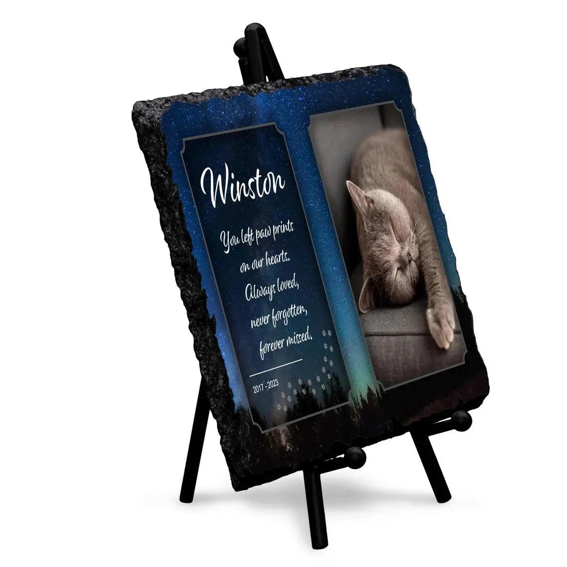 Personalised Memorial Slate with cat photo, glossy rectangle plaque, and stand included.