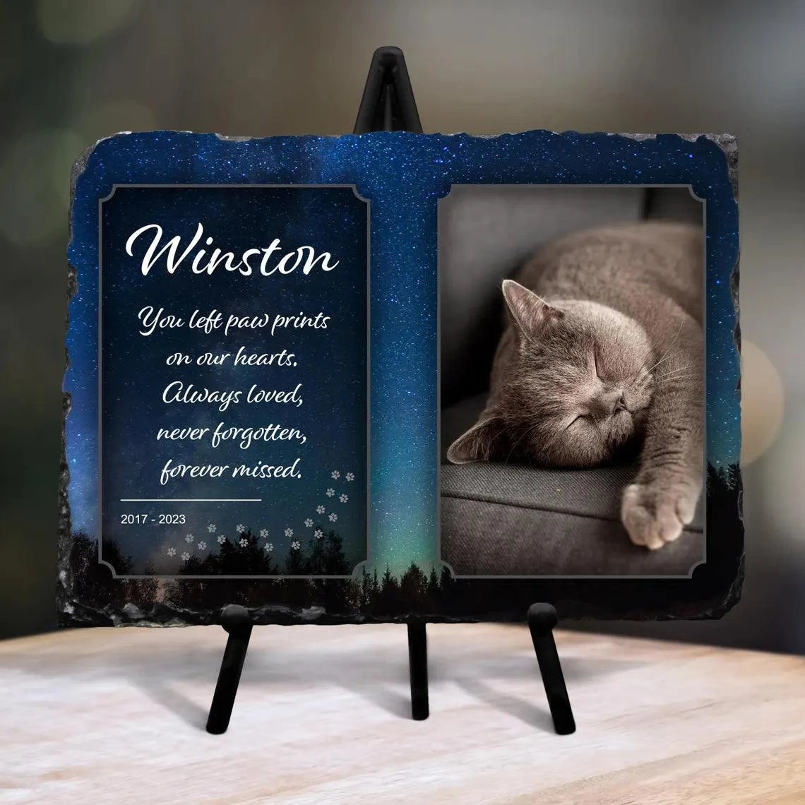 Personalised memorial slate with full-color cat photo and stand, glossy finish, rectangle plaque for pet remembrance.