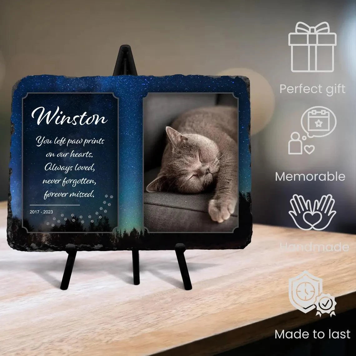 Personalised Memorial Slate with full-color photo, glossy finish, cat image, and included stand; a unique pet memorial gift.