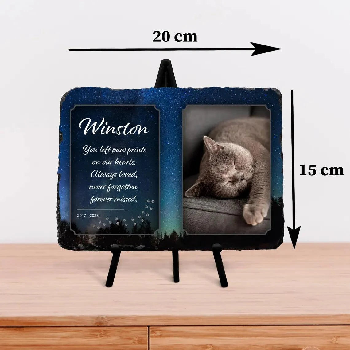 Personalised memorial slate with cat photo, glossy rectangle plaque, includes stand, pet memorial gift.