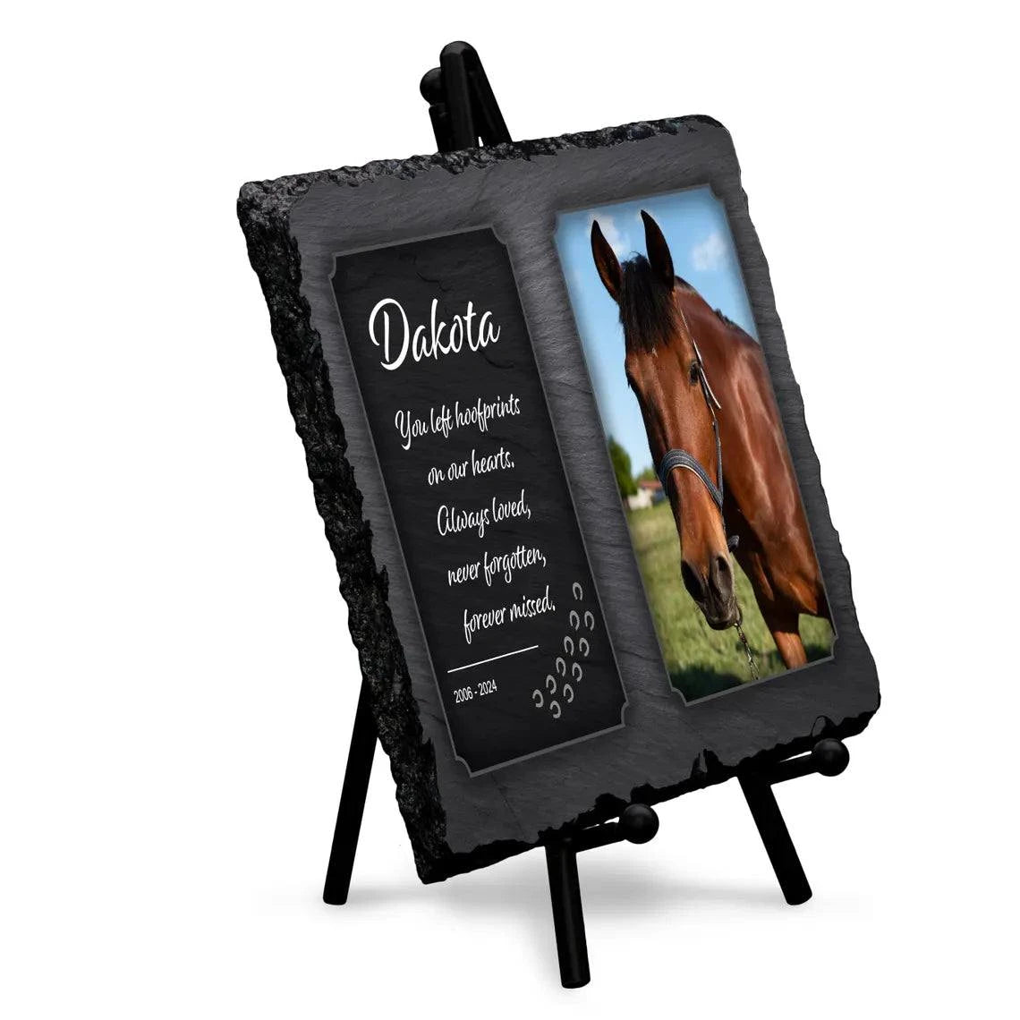 Personalized memorial slate with color photo of horse, glossy finish, includes stand, pet memorial stone.