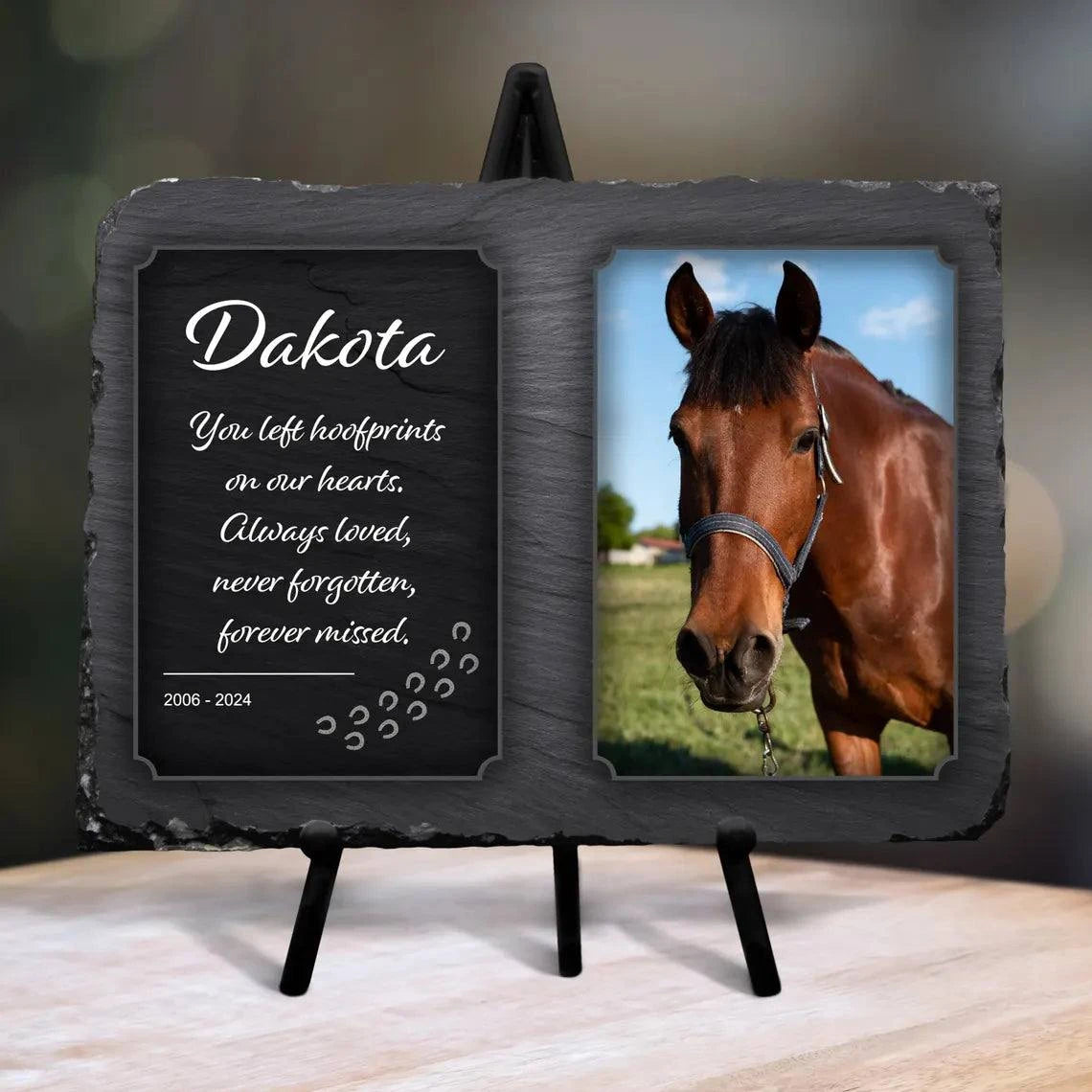 Personalized memorial slate with color horse photo and stand, perfect pet remembrance gift.