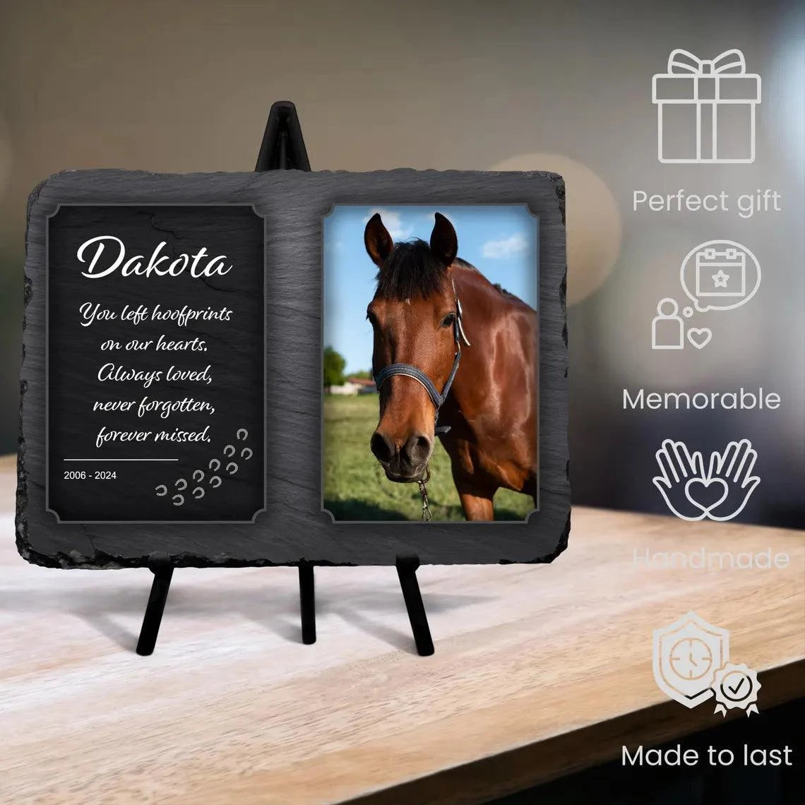 Personalized memorial slate with horse photo, glossy finish, stand included; pet memorial stone.