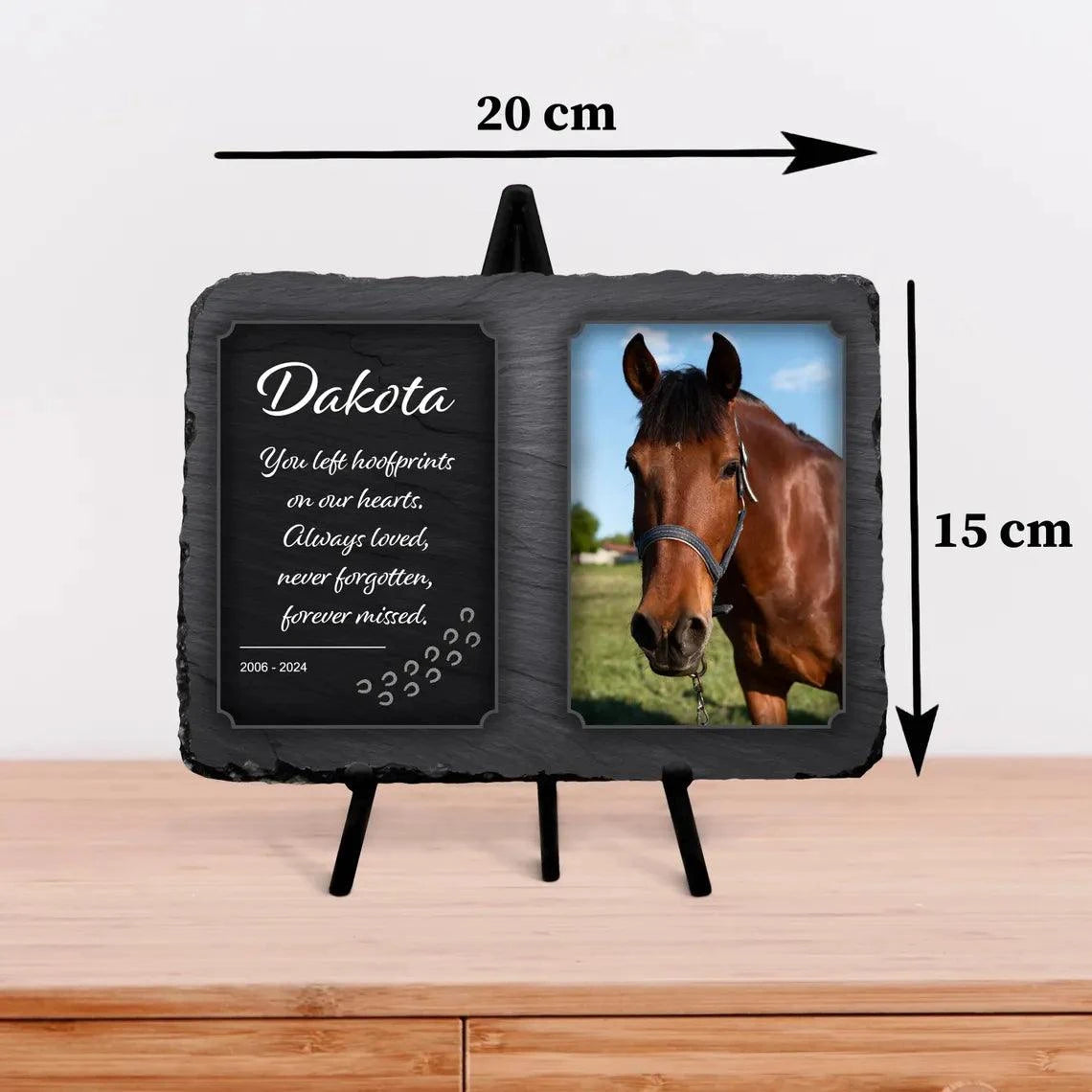 Personalised memorial slate with color photo of a horse, glossy finish, includes stand, measures 20 x 15 cm.