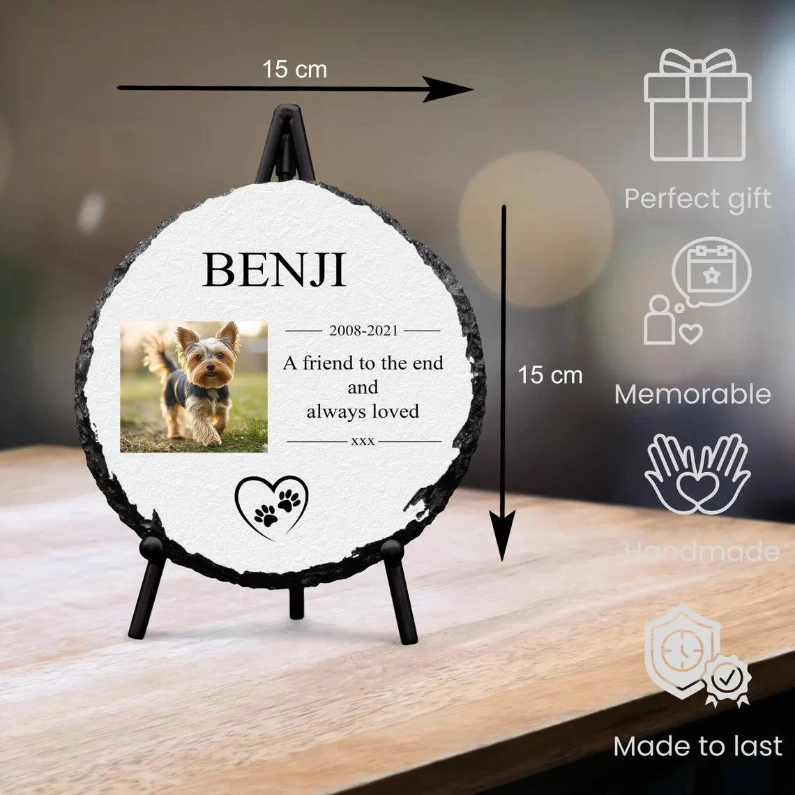 Round personalised memorial slate with full-color pet photo and stand, perfect pet memorial gift.