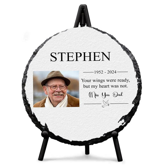 Round personalised memorial slate with full-color photo, glossy finish, and included stand.