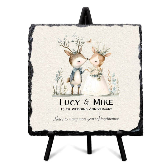 Personalized wedding anniversary slate with deer design and custom text, ideal gift for couples, husbands, wives, or parents.