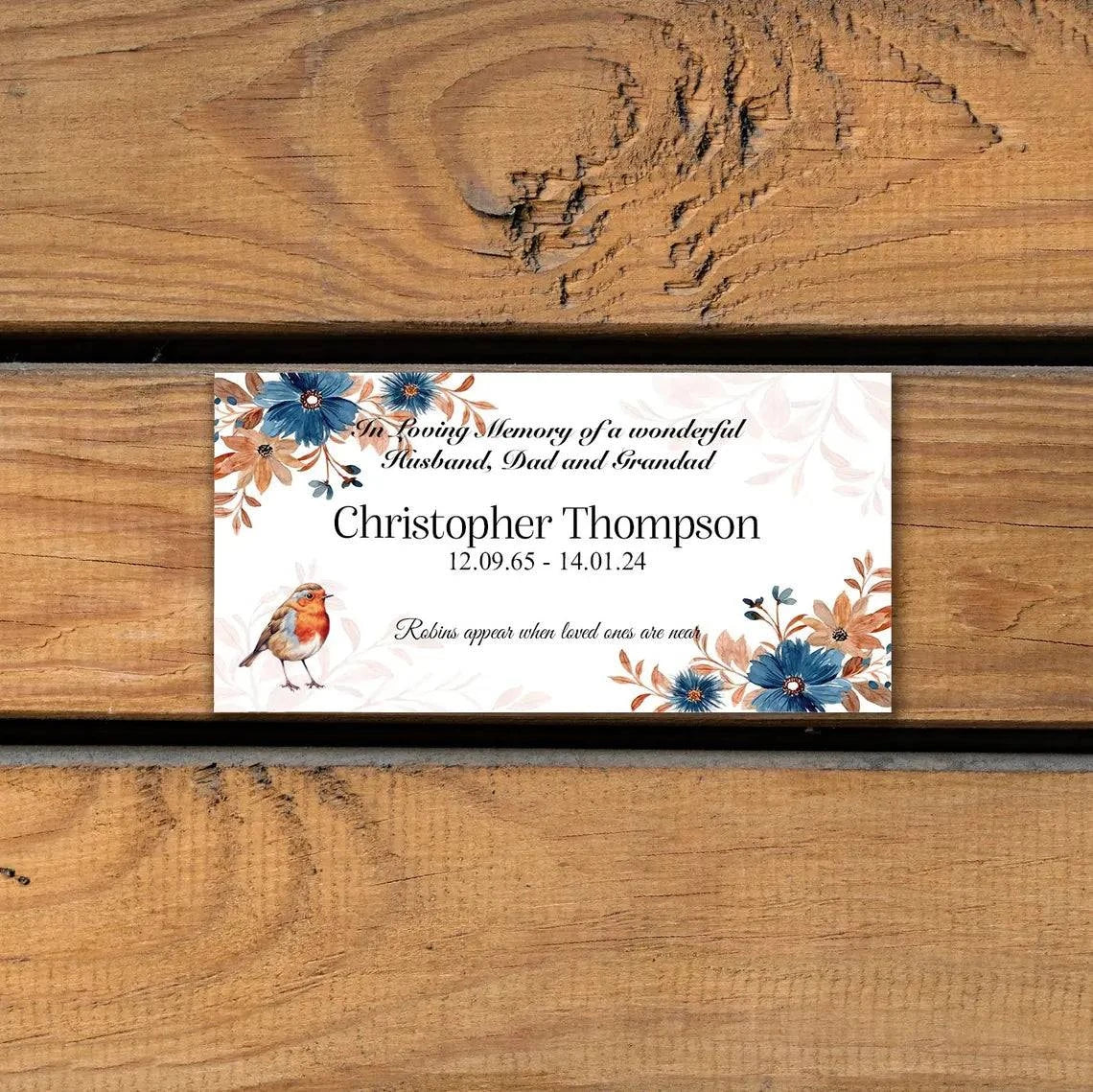 Personalized Memorial Plaque, Robin Bird. Custom Plaque, Garden Marker, Grave Sign, Urn plaque, Metal Plaque, Weatherproof, Grandad, Grandma