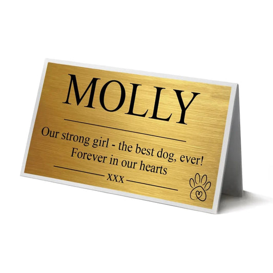 Brushed gold personalized memorial plaque for pets; custom garden marker and grave sign; durable, weatherproof metal design.