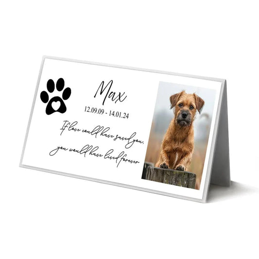 Personalized memorial plaque with photo, paw print design, custom text, durable metal, weatherproof for outdoor use.