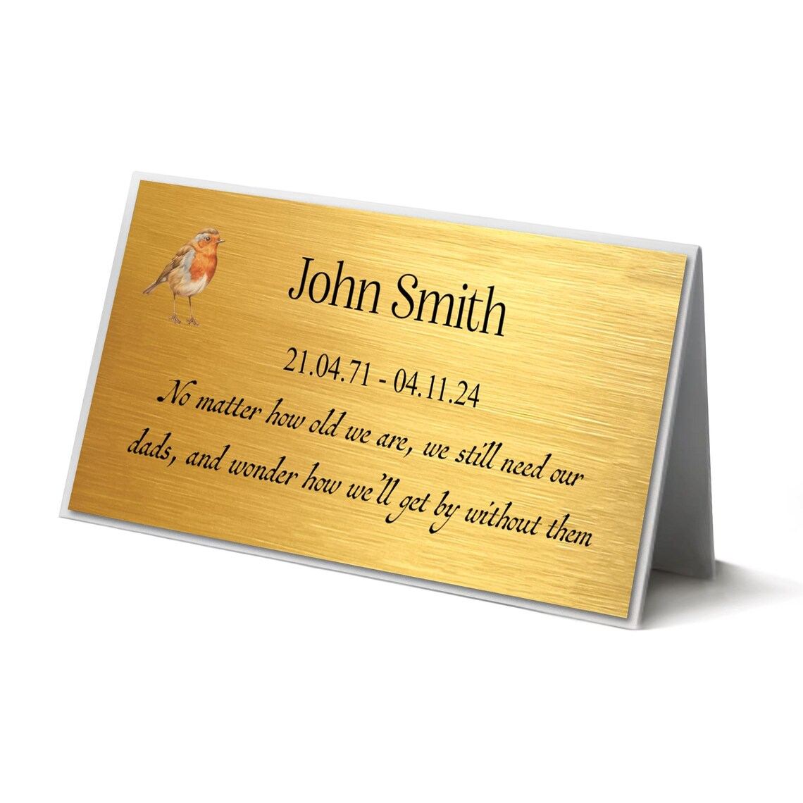 Customizable metal memorial plaque with robin design, gold finish, for garden or grave marker.